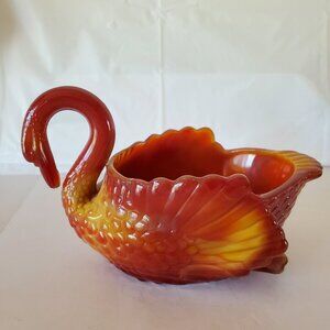Boyd's Glass 1950's Red Yellow Candy Dish Swan Glows Due To cadmium and selenium